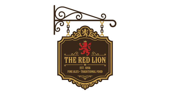 Vintage style Red Lion pub sign hanging on a wrought iron bracket.