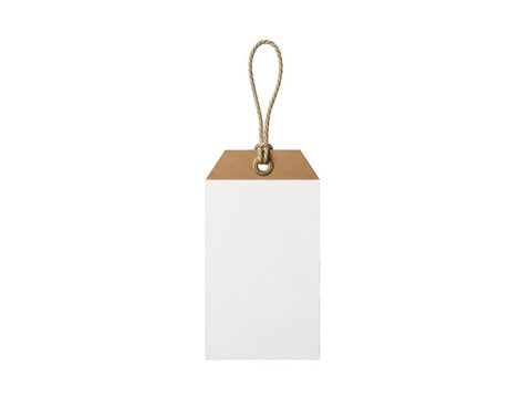 Rectangular white paper label tag with a natural jute string loop isolated on transparent background