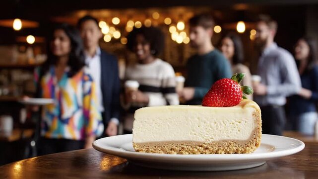People enjoying a lively celebration event with a focus on a delicious cheesecake dessert in a warmly lit venue