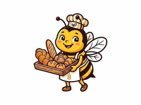 Cute cartoon bee baker holding a wooden tray of fresh bread.
