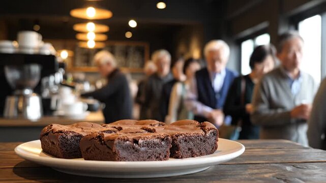 Freshly Baked Chocolate Brownie in a Busy Caf&eacute; with Customers Waiting in Line