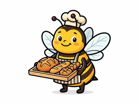 Cute cartoon bee baker holding a wooden tray with fresh bread.