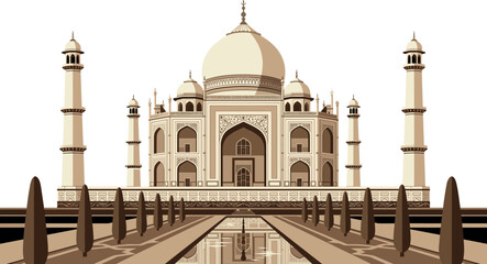 Fototapeta premium Elegant Taj Mahal Monument Vector Illustration with Mughal Architecture, Symmetrical Garden Pathway, Historical Landmark Design, and Cultural Heritage Background