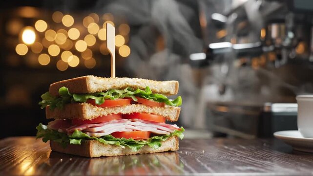 Delicious layered sandwich with fresh ingredients on rustic wooden surface with warm bokeh background