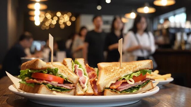 Delicious Club Sandwich in a Cozy Cafe with Soft Lighting and Happy Customers