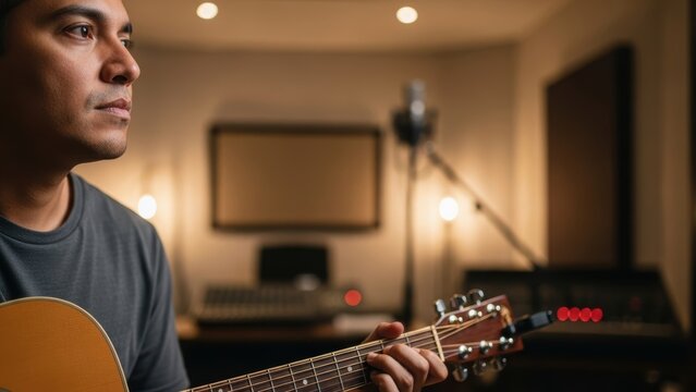 A focused male musician playing an acoustic guitar in a recording studio.