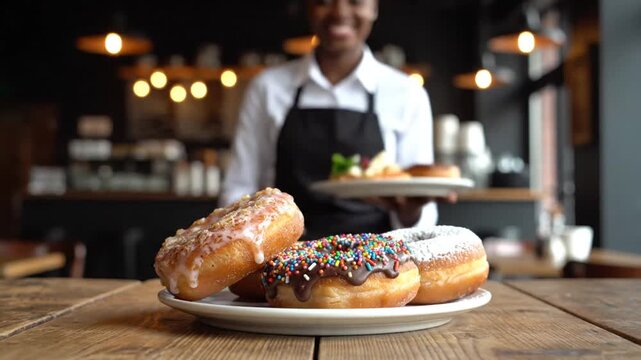 Delicious donuts with colorful sprinkles served on a rustic wooden table in a cozy cafe environment