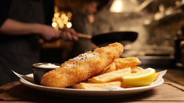 Delicious crispy fish and chips served with lemon wedges in a cozy restaurant setting