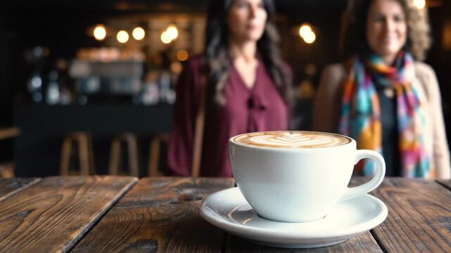 Elegant coffee cup with frothy cappuccino on rustic wooden table in cozy cafe setting captured in multiple frames