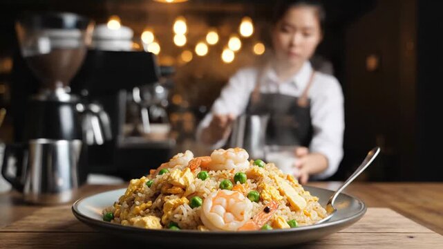 Chef preparing a delicious seafood fried rice dish in a cozy restaurant setting