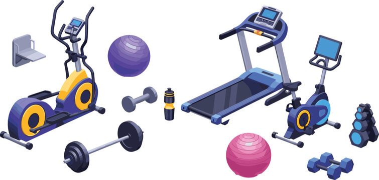Gym Equipment Icon Set with Treadmill, Exercise Bike, Elliptical Trainer, Dumbbells, Barbell, Fitness Ball, and Workout Accessories for Training Design