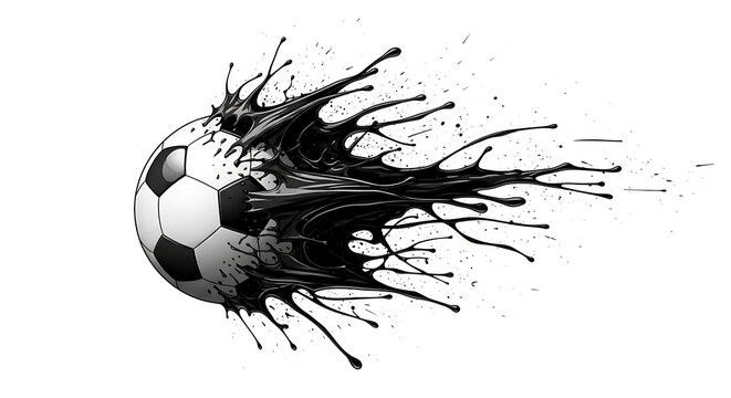 Exploding soccer ball with black ink splash effect on transparent background