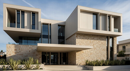 Fototapeta premium Modern beige building architecture with stone facade on transparent background high quality