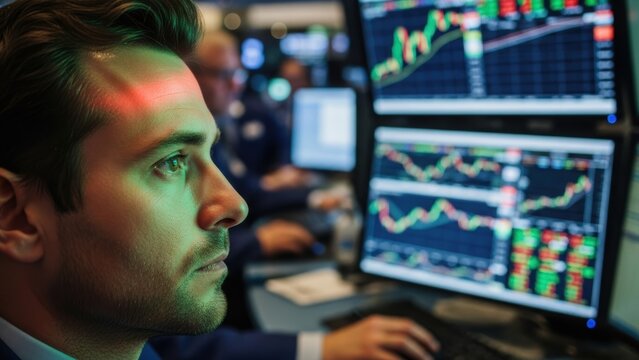 A stock trader intensely watching multiple computer screens with financial charts.
