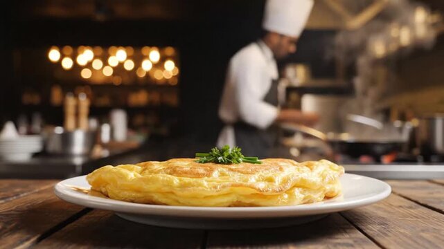 Gourmet omelette dish prepared in a bustling professional kitchen with chefs in action