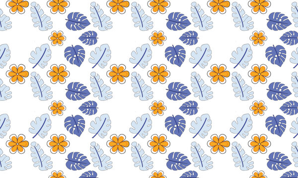 Tropical monstera seamless pattern with blue leaves and orange plumeria flowers on white background