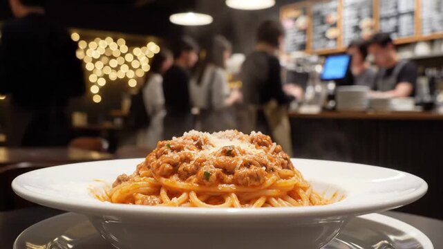Delicious plate of spaghetti with meat sauce served in a lively restaurant setting capturing the dining experience