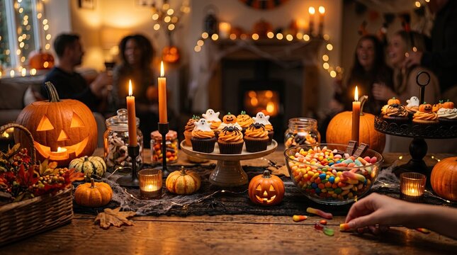 Cozy halloween party table laden with festive decorations glowing jack o' lanterns delicious cupcakes and colorful candy creating a warm and inviting atmosphere for friends and family gathering