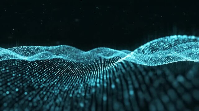 Digital wave pattern with glowing particles emphasizing fluid motion and vibrant color palettes
