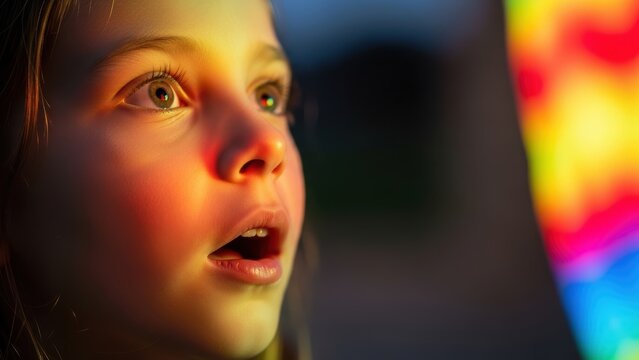 Awestruck child looking at colorful lights.