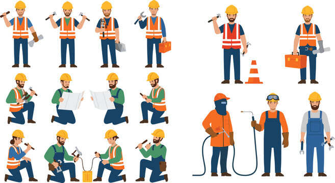 Construction Worker Character Set with Tools, Repair Tasks, Welding, Planning, and Safety Equipment for Industrial, Engineering, and Skilled Labor Design Projects