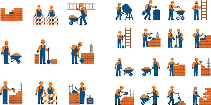 Construction Worker Activity Icon Set with Bricklaying, Building, Tools, and Work Process Illustrations for Industrial, Engineering, and Workforce Design Projects