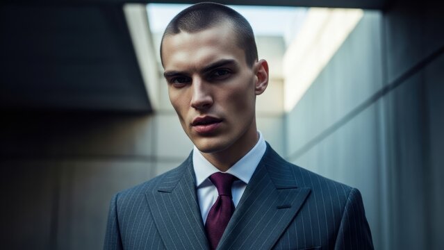 Serious man with a buzz cut in a pinstripe suit.