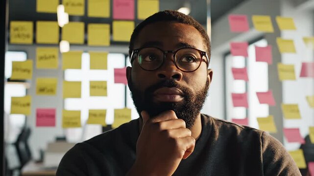 Man in office with sticky notes perfect for executive summaries and corporate branding