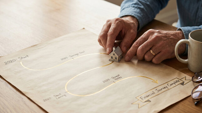 First home buyer payment journey plan on paper map