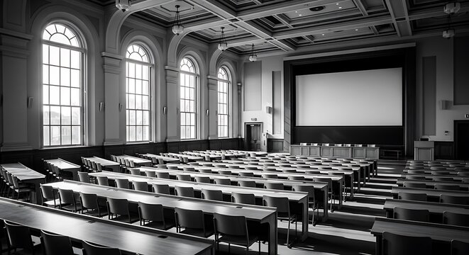 Empty university lecture hall with rows of wooden desks and a large projector screen