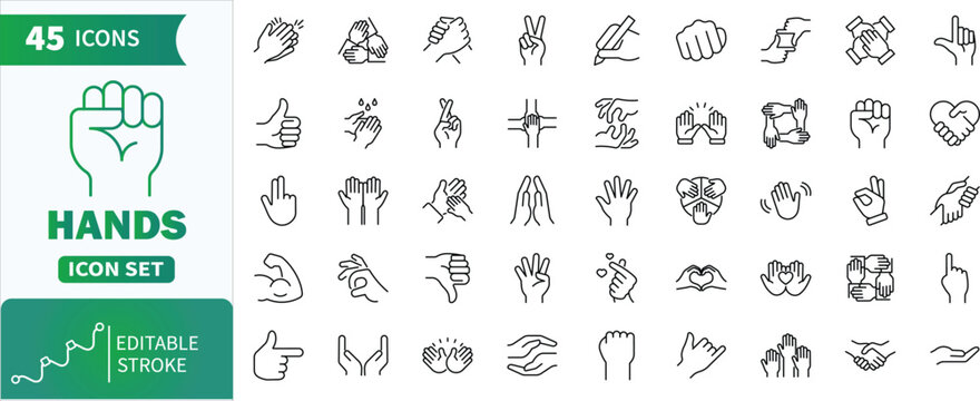 Hands line icon set.Collection of hand gesture icons representing communication, teamwork, and diverse actions