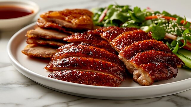 Peking Duck, featuring glossy golden crispy skin, artfully sliced and arranged on a traditional white Chinese ceramic plate, accompanied by thin pancakes, fresh scallions