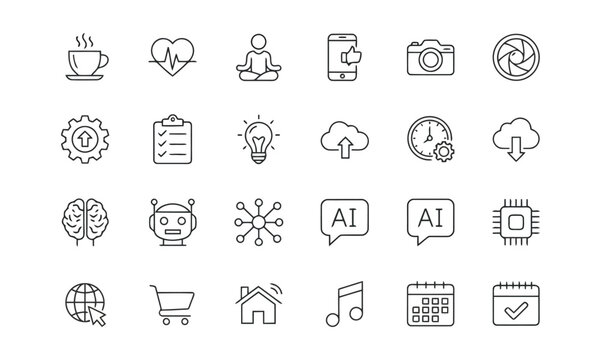 Innovative technology and artificial intelligence icon set including neural networks machine learning and digital automation symbols for modern software development project presentations vector