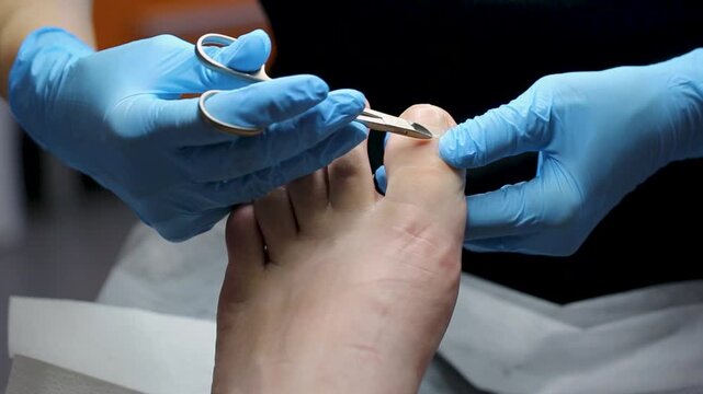 Podologist does pedicure in a beauty clinic. Podiatry concept. Foot treatment in the spa
