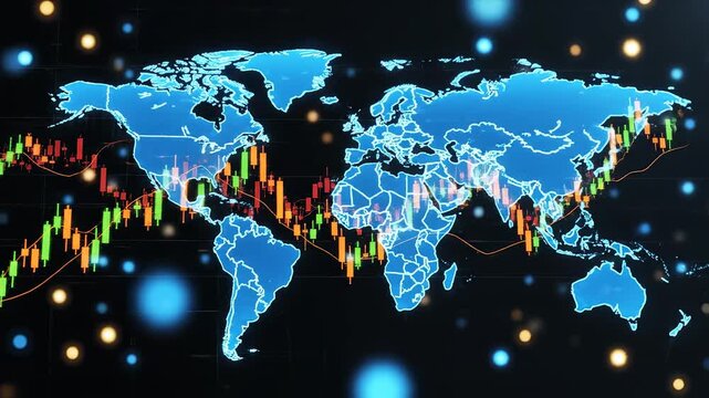 Global stock market data on world map highlighting corporate success and strategic planning