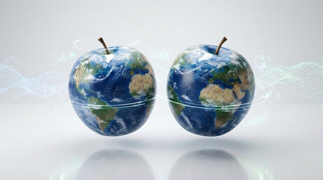 Two earth apples with digital data streams on white background