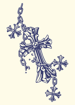 Ornate cross pendant with chains and charms hand drawn necklace decoration ornament religious accessory engraved detailed illustration symbolic spiritual statement traditional sculpture