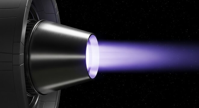 Spacecraft rocket engine firing with bright blue propulsion flame in the dark black void of space