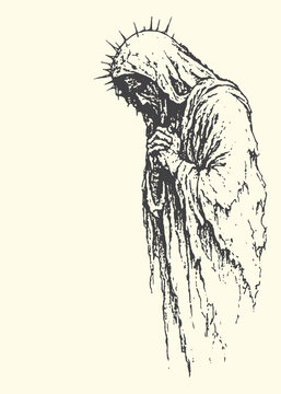 Figure in a hooded robe wearing a crown of thorns with hand drawn clothing religious spiritual penitent meditation contemplation suffering sacrifice crucifixion mourning forehead emaciated