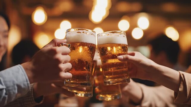 Two hands clinking beer glasses in a bar highlighting geometric patterns and contemporary art