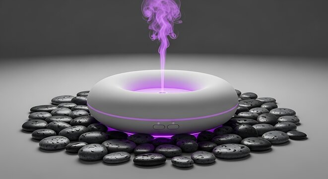 Modern electric aroma diffuser with purple mist and black zen stones for spa relaxation