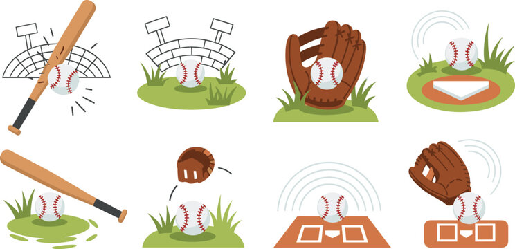 Baseball Game Action Icon Set with Batting, Catching, Throwing, Fielding, and Ball Motion Scenes for Sports Training and Athletic Design Projects