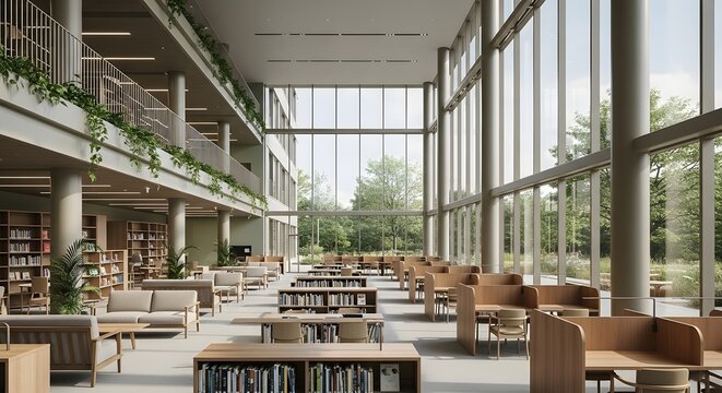 Modern University Library Interior with Natural Light and Green Biophilic Design