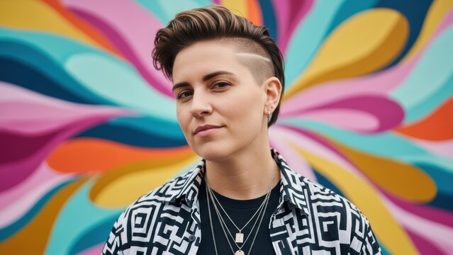 Portrait of a confident person with a stylish undercut and piercings.