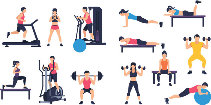Gym Workout and Strength Training Illustration Set with Treadmill Running, Dumbbell Exercises, Bench Workouts, Cardio Machines, and Fitness Activities