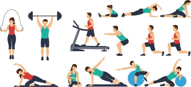 Full Body Fitness Workout Illustration Set with Jump Rope, Weightlifting, Treadmill Running, Squats, Lunges, Push-Ups, and Stretching Exercises