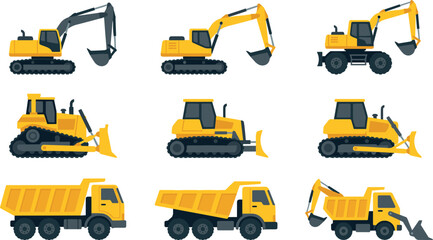 Construction Vehicle Collection with Excavators, Bulldozers, and Dump Trucks for Heavy Equipment Icons, Engineering Projects, and Industrial Vector Designs © MSTNURAJA