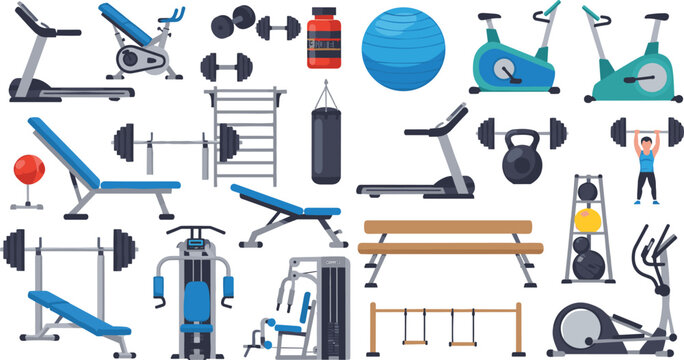 Gym Equipment and Workout Machines Icon Set with Treadmill, Exercise Bike, Bench Press, Dumbbells, Kettlebell, Punching Bag, and Fitness Training Equipment