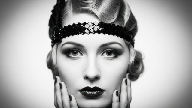 Glamorous black and white portrait of a woman in 1920s flapper style.
