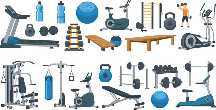 Comprehensive Gym Equipment Icon Set with Treadmill, Exercise Bike, Dumbbells, Kettlebells, Bench Press, Strength Machines, and Workout Accessories